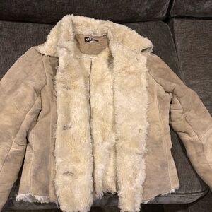XOXO Tan Leather Jacket with Cream Faux Fur